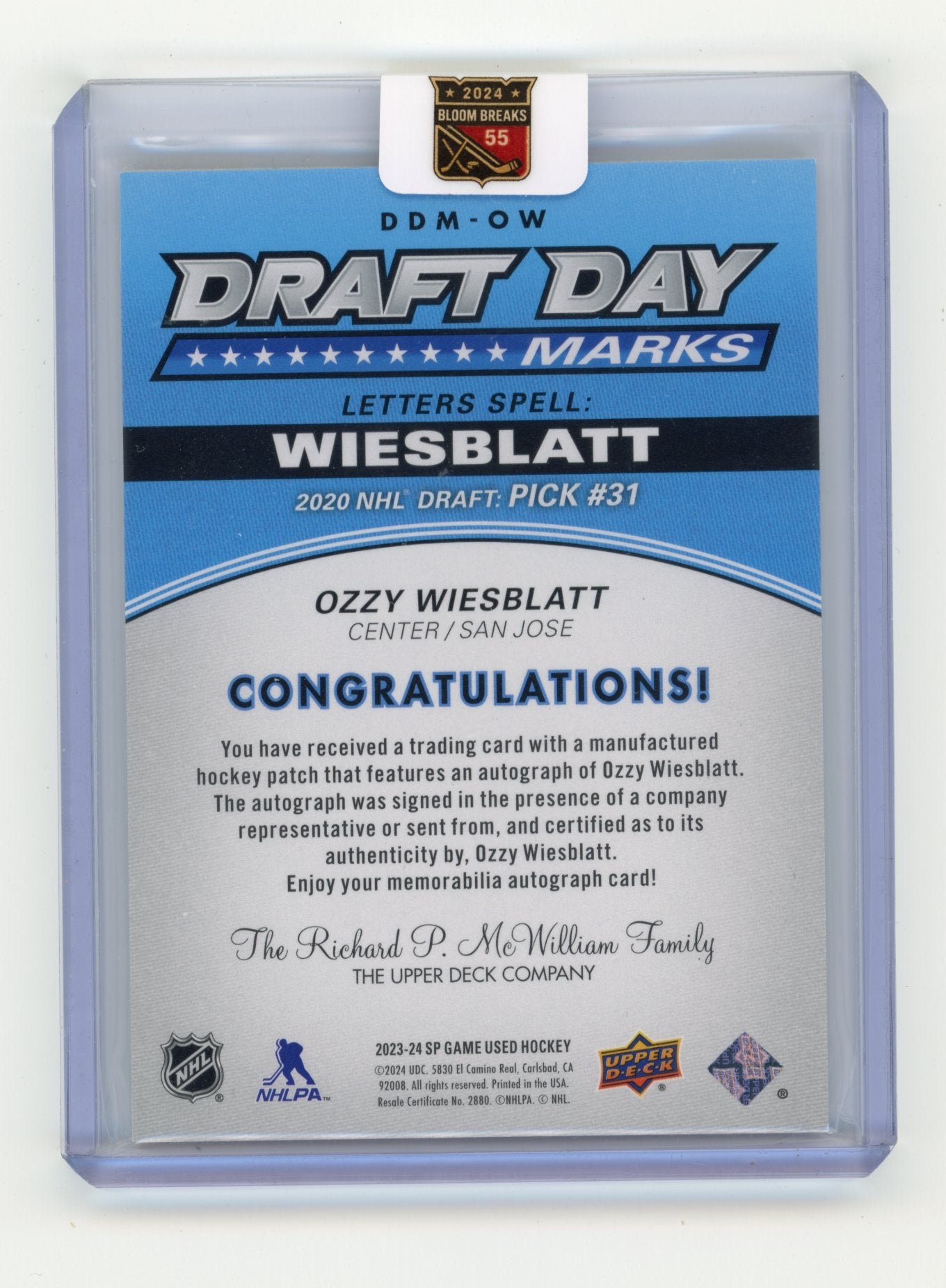 2025-26 SP Game Used Ozzy Wiesblatt #DDM-OW Draft Day Marks #/35 San Jose Sharks