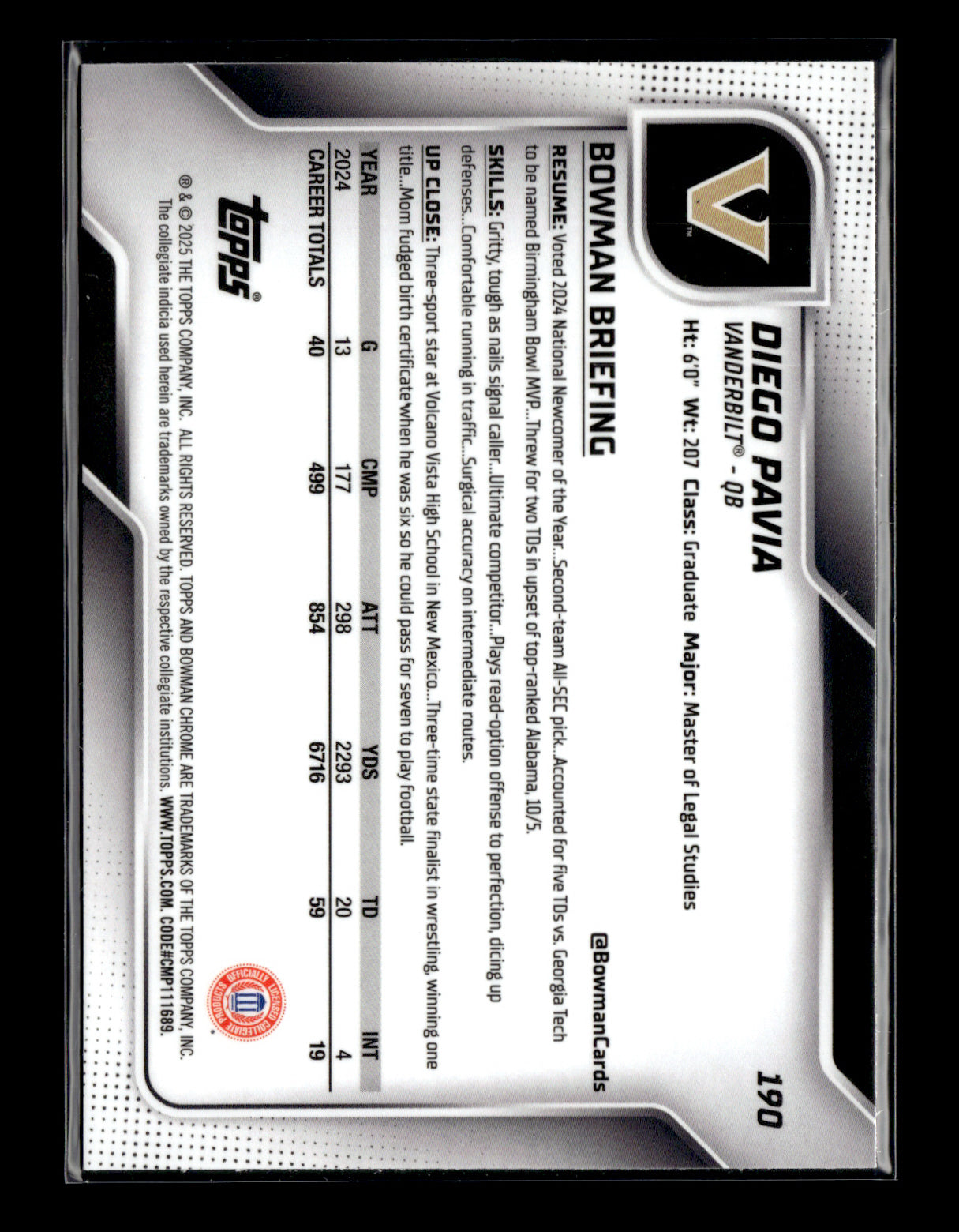 2025 Bowman University Chrome Diego Pavia #190 Pink Lava Refractor Vanderbilt Commodores