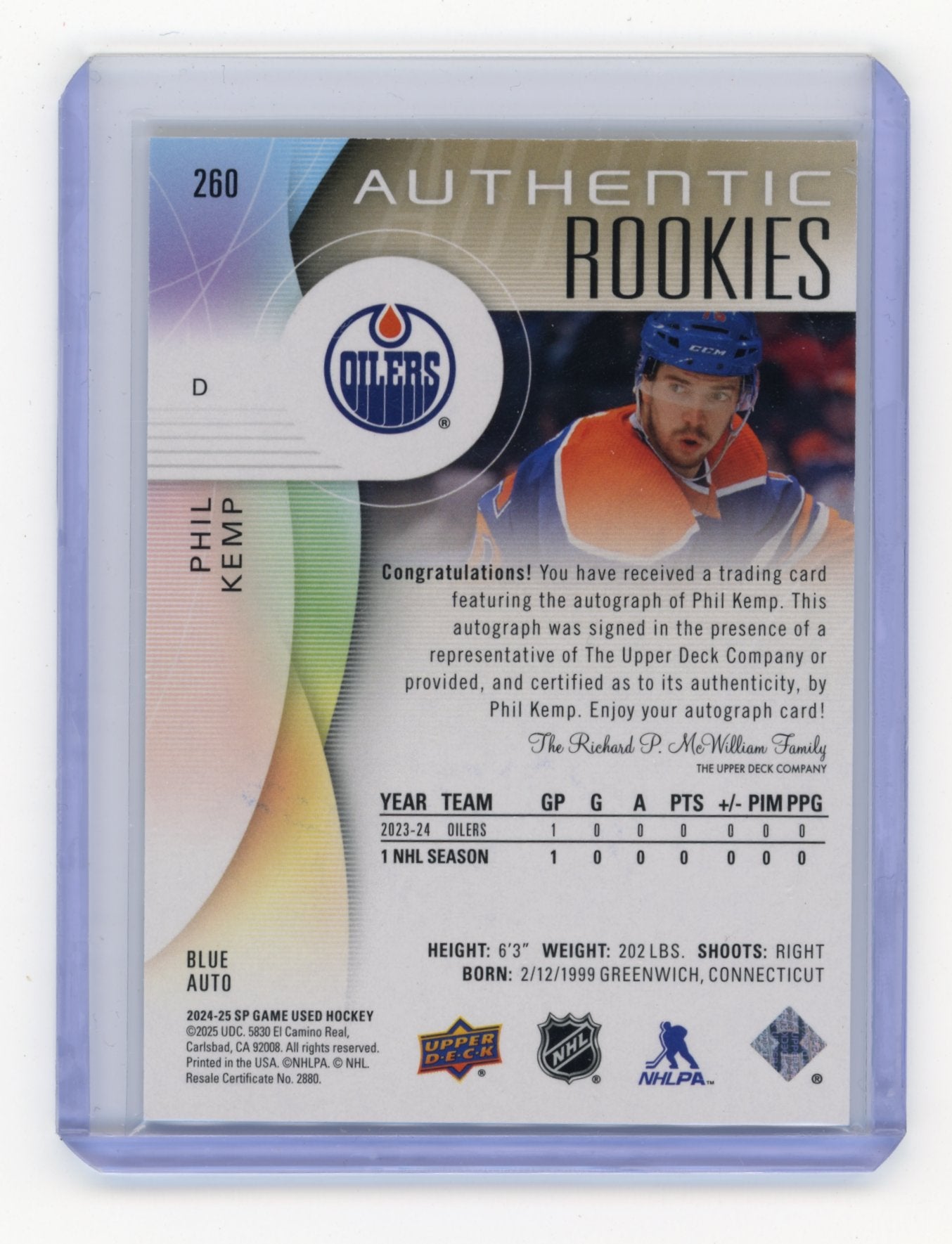 2024-25 SP Game Used Phil Kemp #260 Blue Autos Edmonton Oilers
