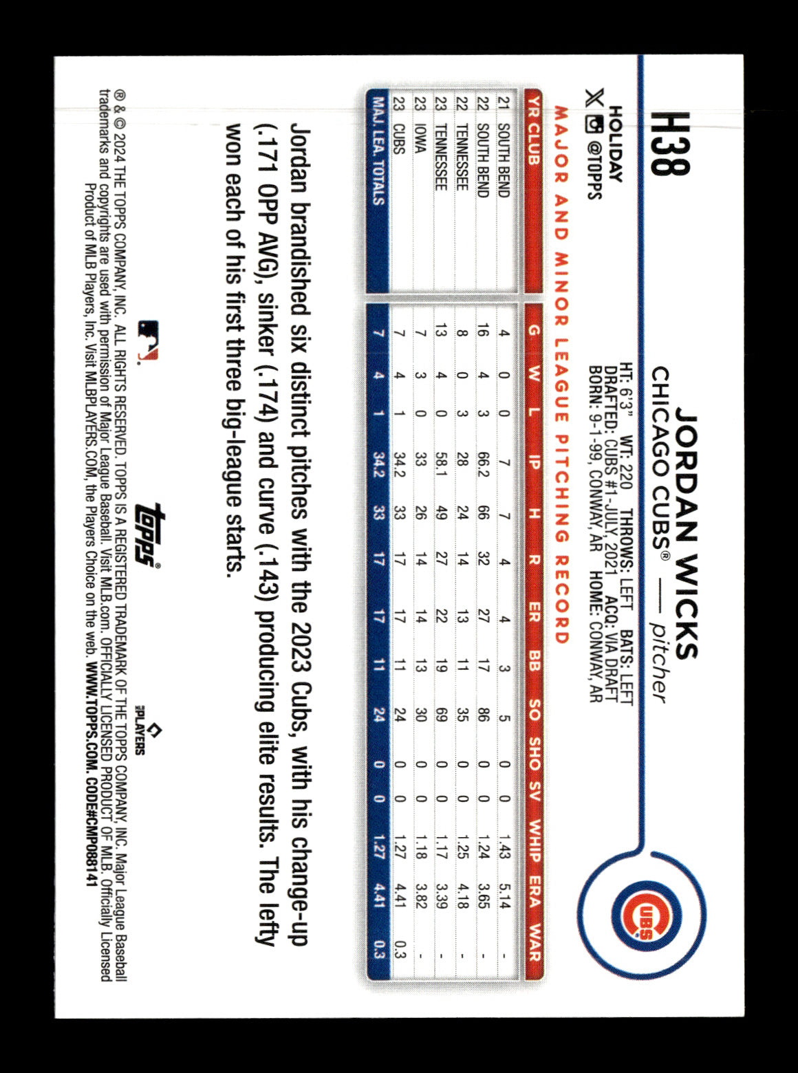 2024 Topps Holiday Jordan Wicks #H38 Chicago Cubs