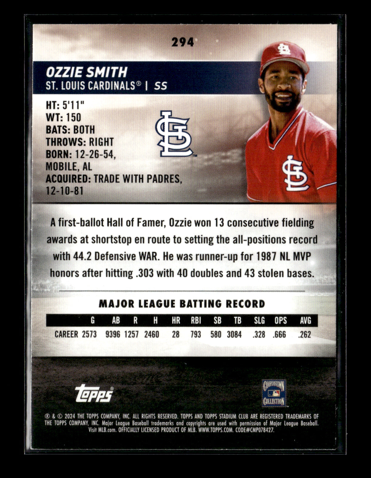 2024 Stadium Club Ozzie Smith #294 St. Louis Cardinals