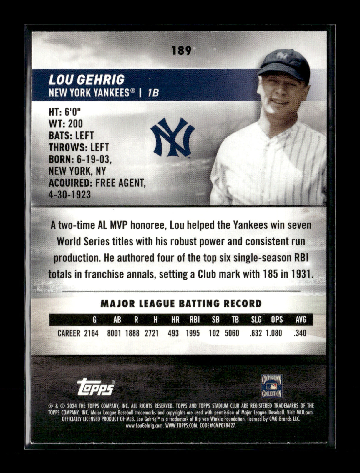 2024 Stadium Club Lou Gehrig #189 New York Yankees