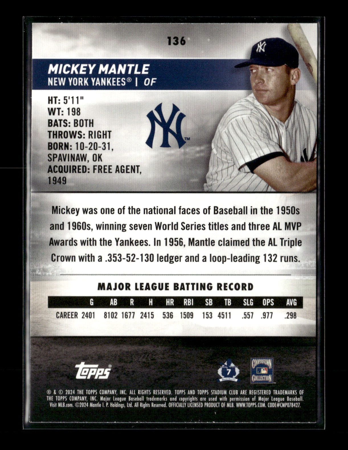 2024 Stadium Club Mickey Mantle #136 New York Yankees