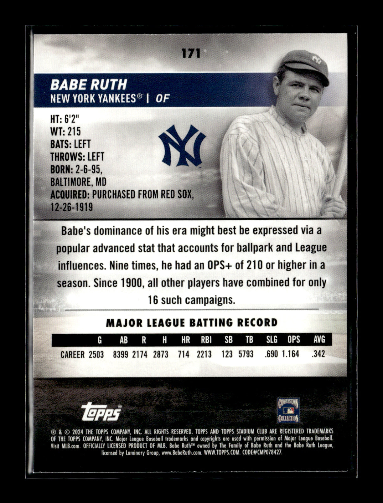 2024 Stadium Club Babe Ruth #171 New York Yankees