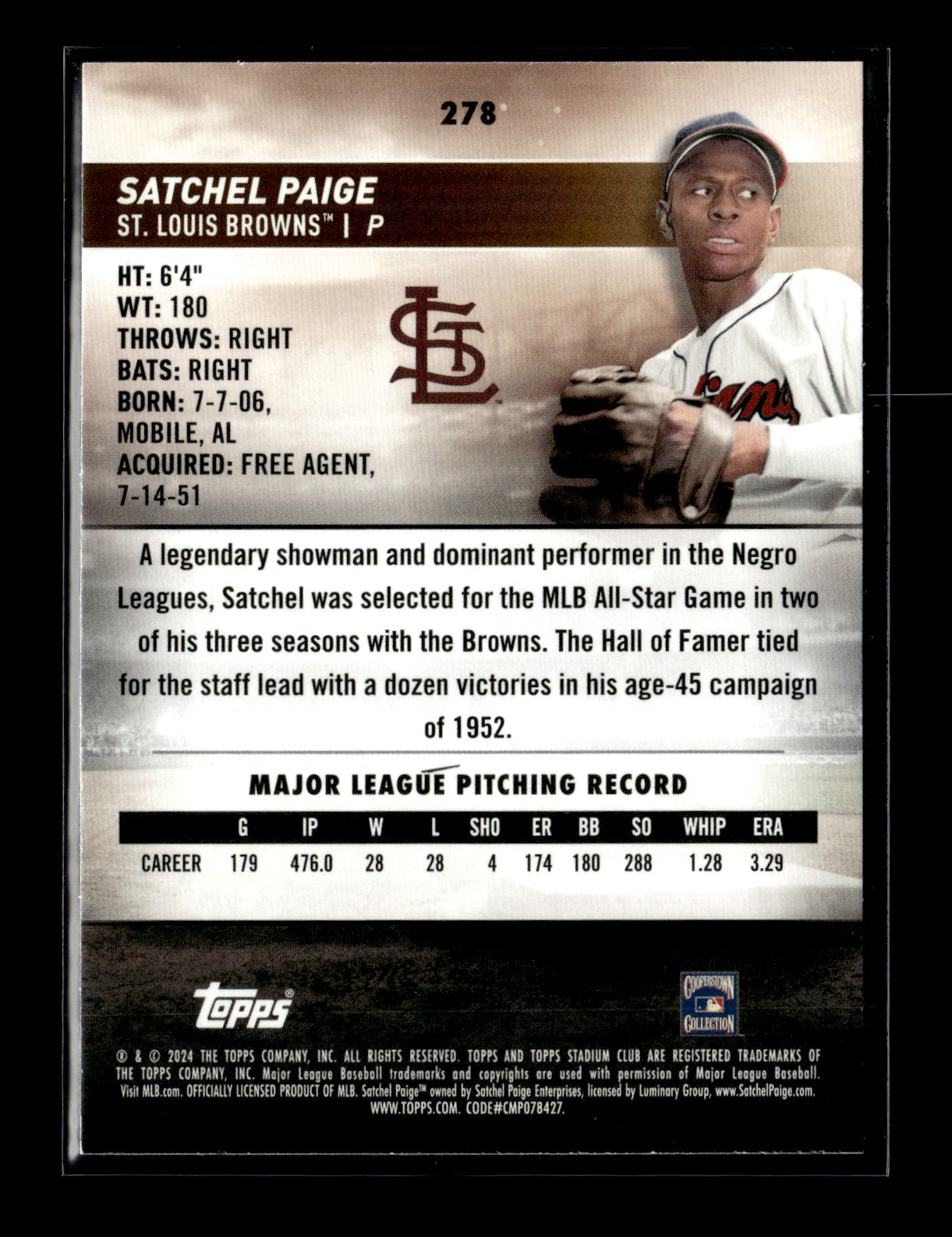 2024 Stadium Club Satchel Paige #278 St. Louis Browns