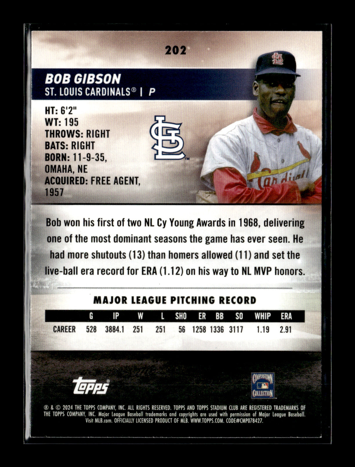 2024 Stadium Club Bob Gibson #202 St. Louis Cardinals