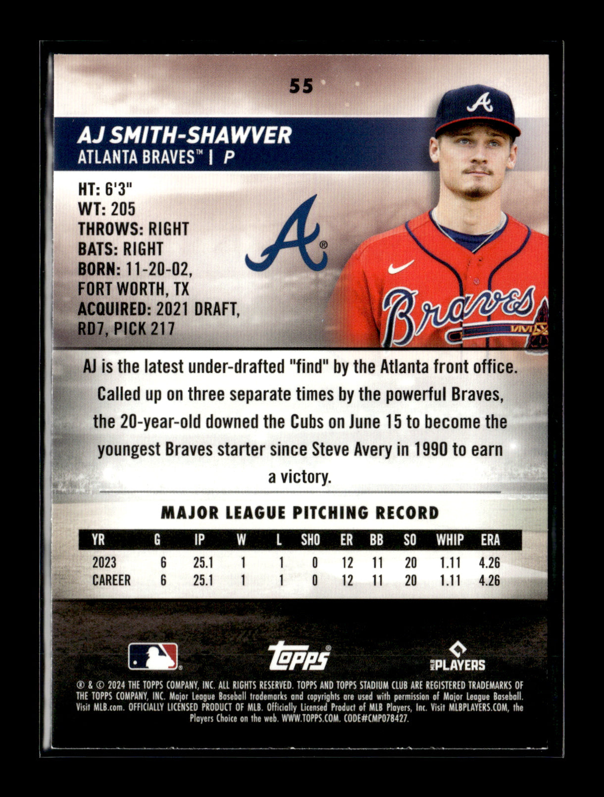 2024 Stadium Club AJ Smith-Shawver #55 Atlanta Braves