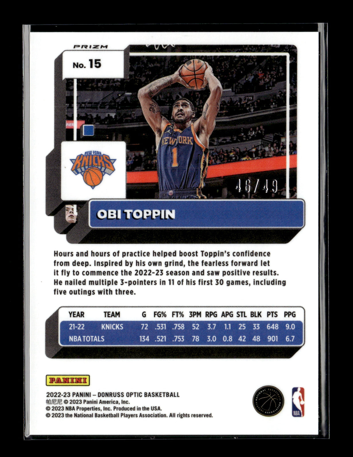 2022-23 Donruss Optic Obi Toppin #15 Fast Break Blue #/49 New York Knicks
