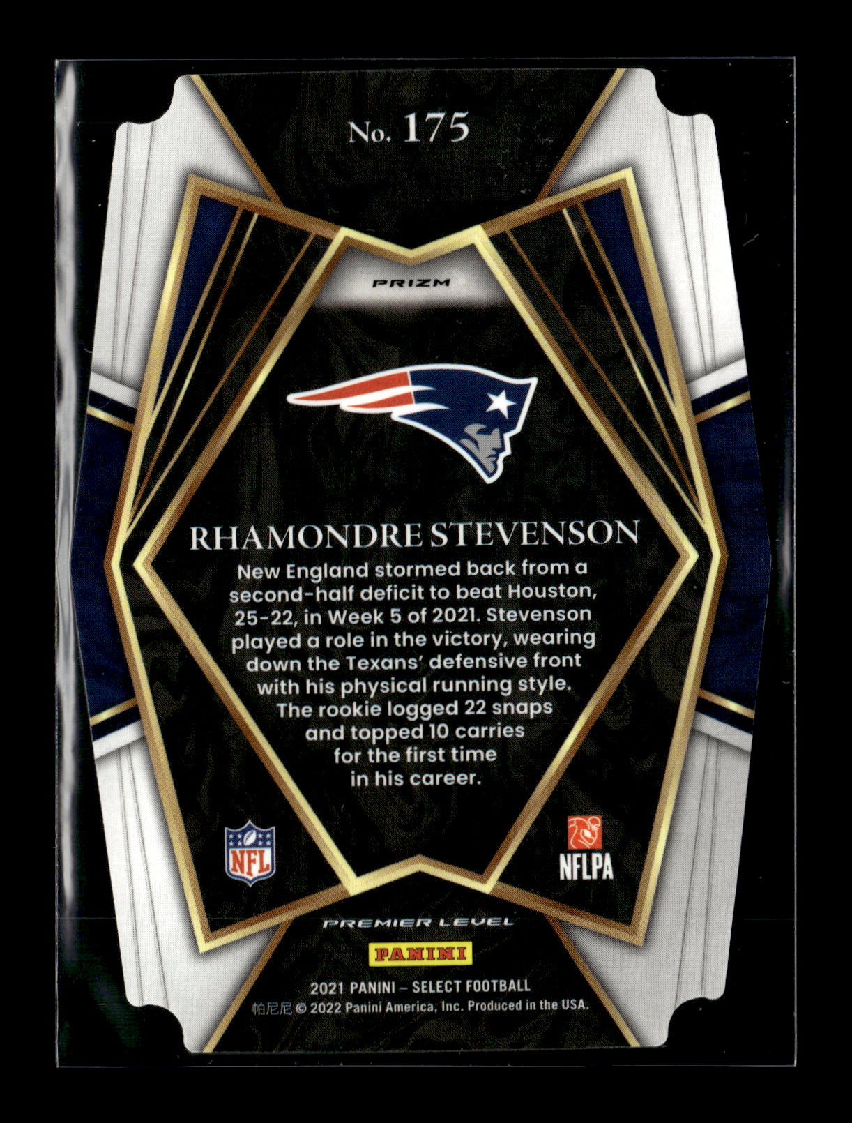 2021 Panini Select Rhamondre Stevenson #175 Black and Gold Prizm Die Cut New England Patriots