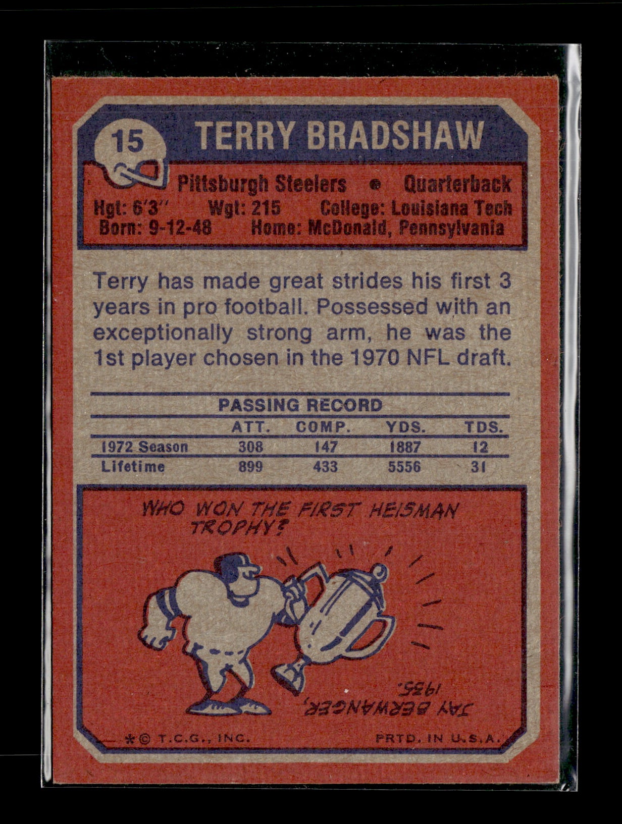 1973 Topps Terry Bradshaw #15 Pittsburgh Steelers