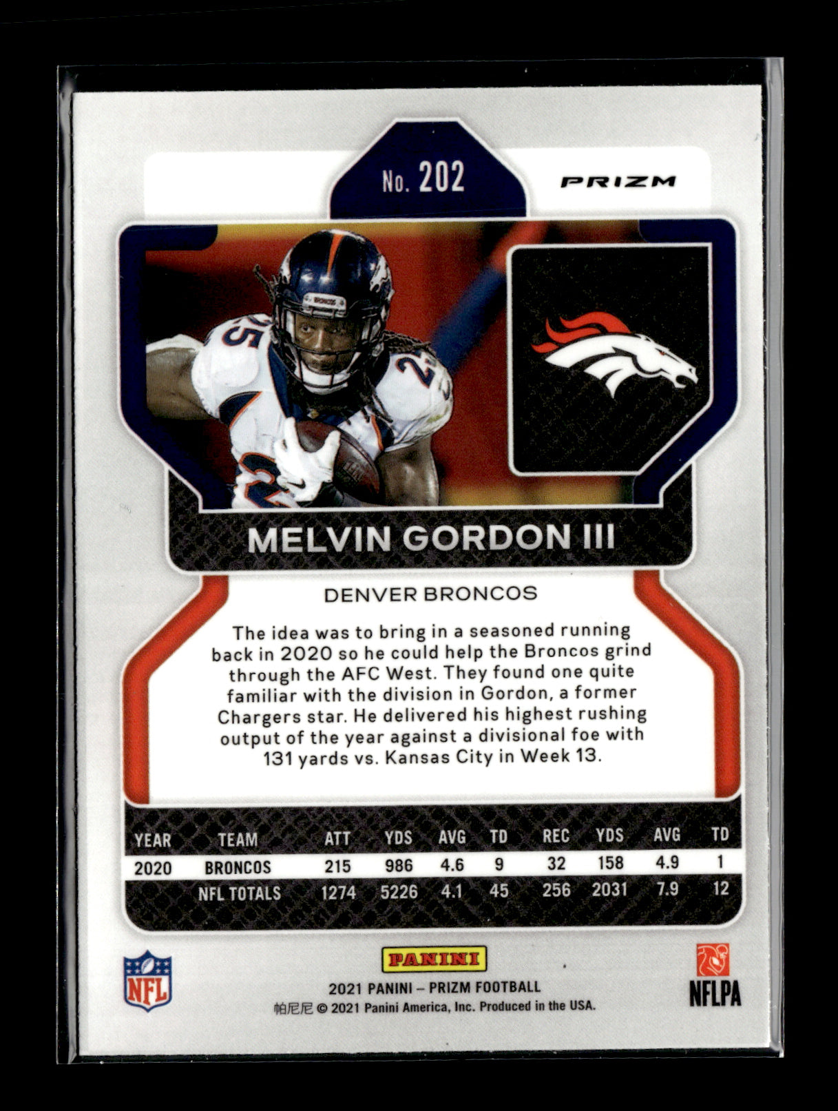 2021 Panini Prizm Melvin Gordon III #202 Black and White Checker Denver Broncos