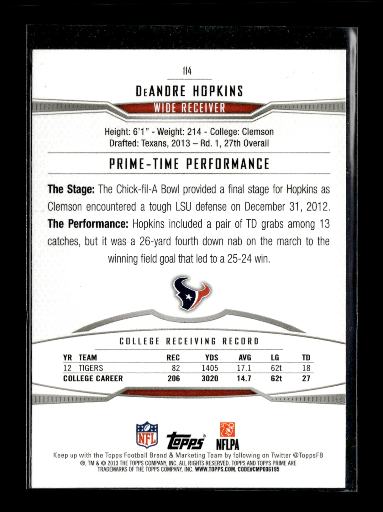 2013 Topps Prime DeAndre Hopkins #114 Retail Houston Texans
