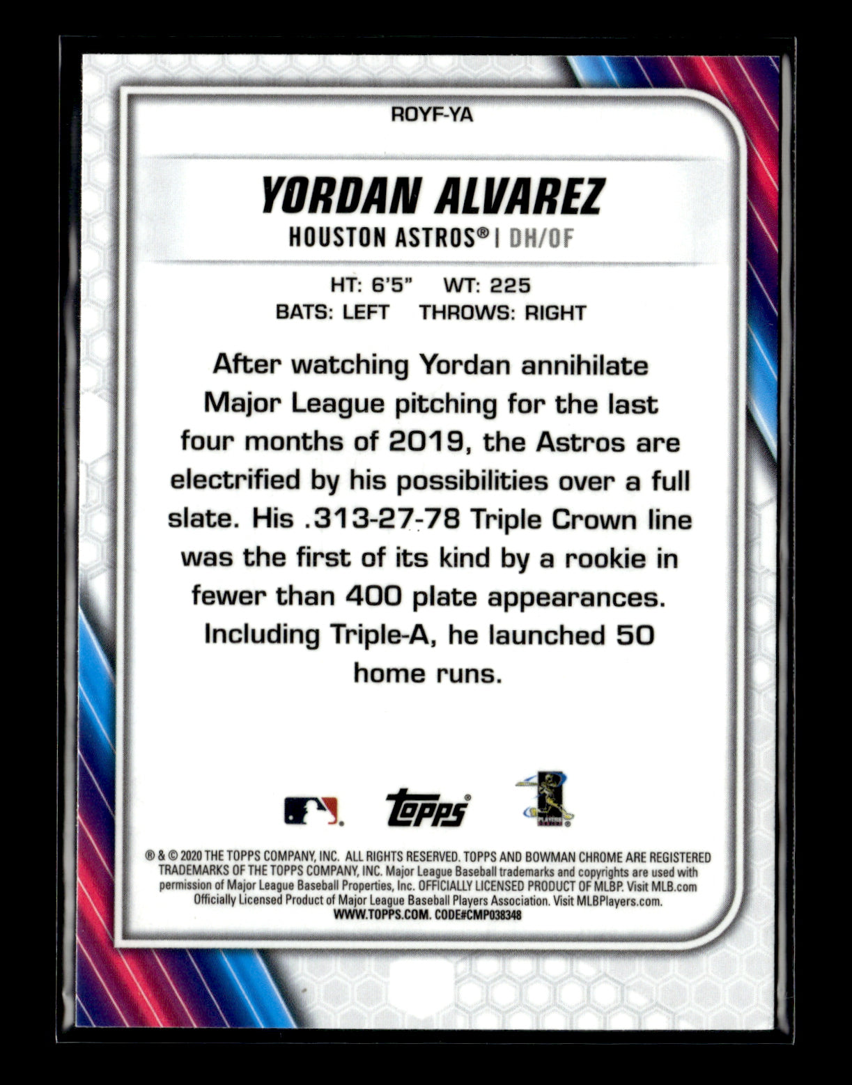 2020 Bowman Yordan Alvarez #ROYF-YA Chrome Rookie of the Year Favorites Houston Astros