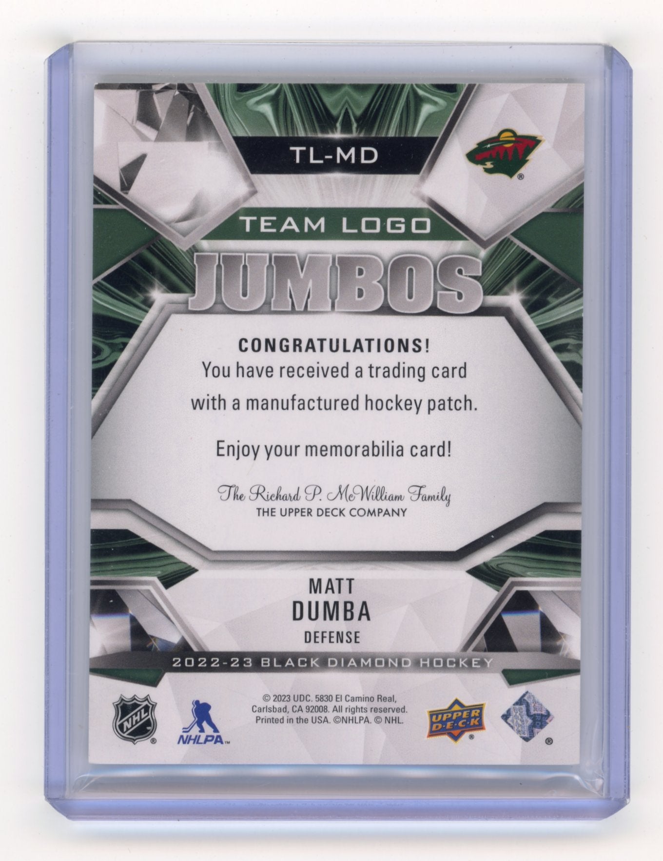 2022-23 Upper Deck Black Diamond Matt Dumba #TL-MD Team Logo Jumbo Patches Manufactured Relics Minnesota Wild