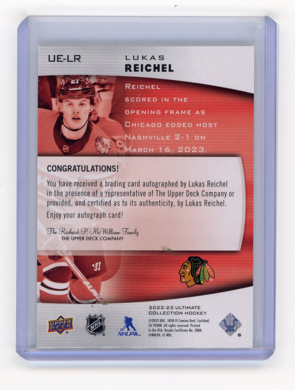 2023-24 Upper Deck Ultimate Collection Lukas Reichel #UE-LR Ultimate Emblems Autographs Chicago Blackhawks