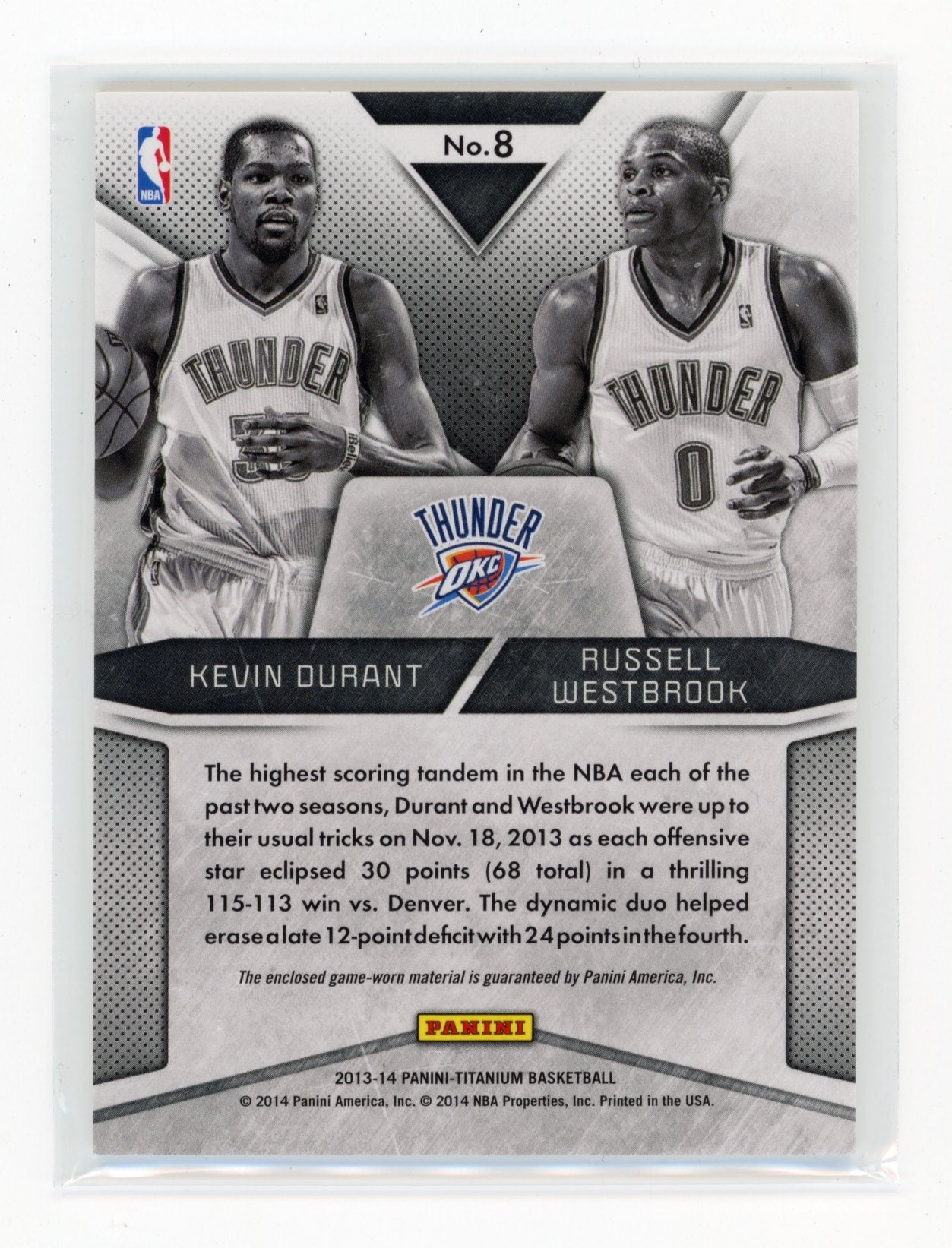 2013-14 Panini Titanium Russell Westbrook / Kevin Durant #8 Game Gear Duals #/155 Oklahoma City Thunder