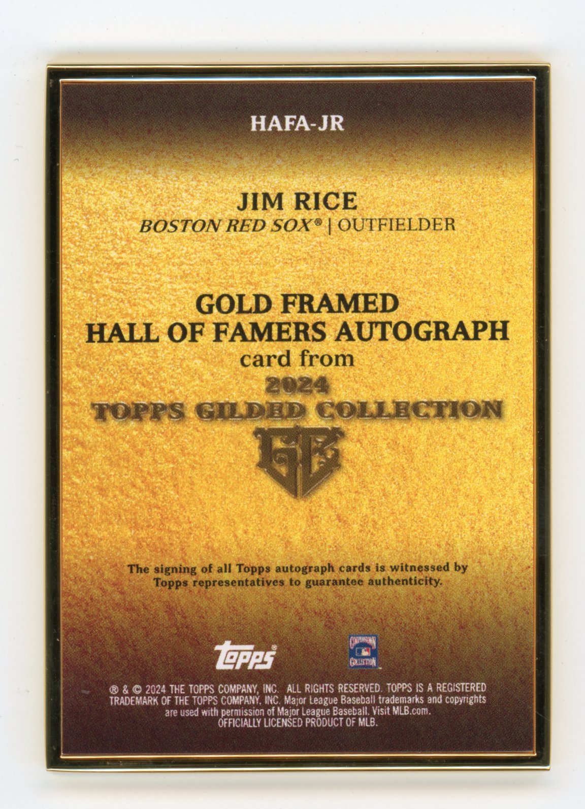 2023 Topps Gilded Collection Jim Rice #HAFA-JR Gold Framed Hall of Famers Autographs Rose Gold #/50 Boston Red Sox