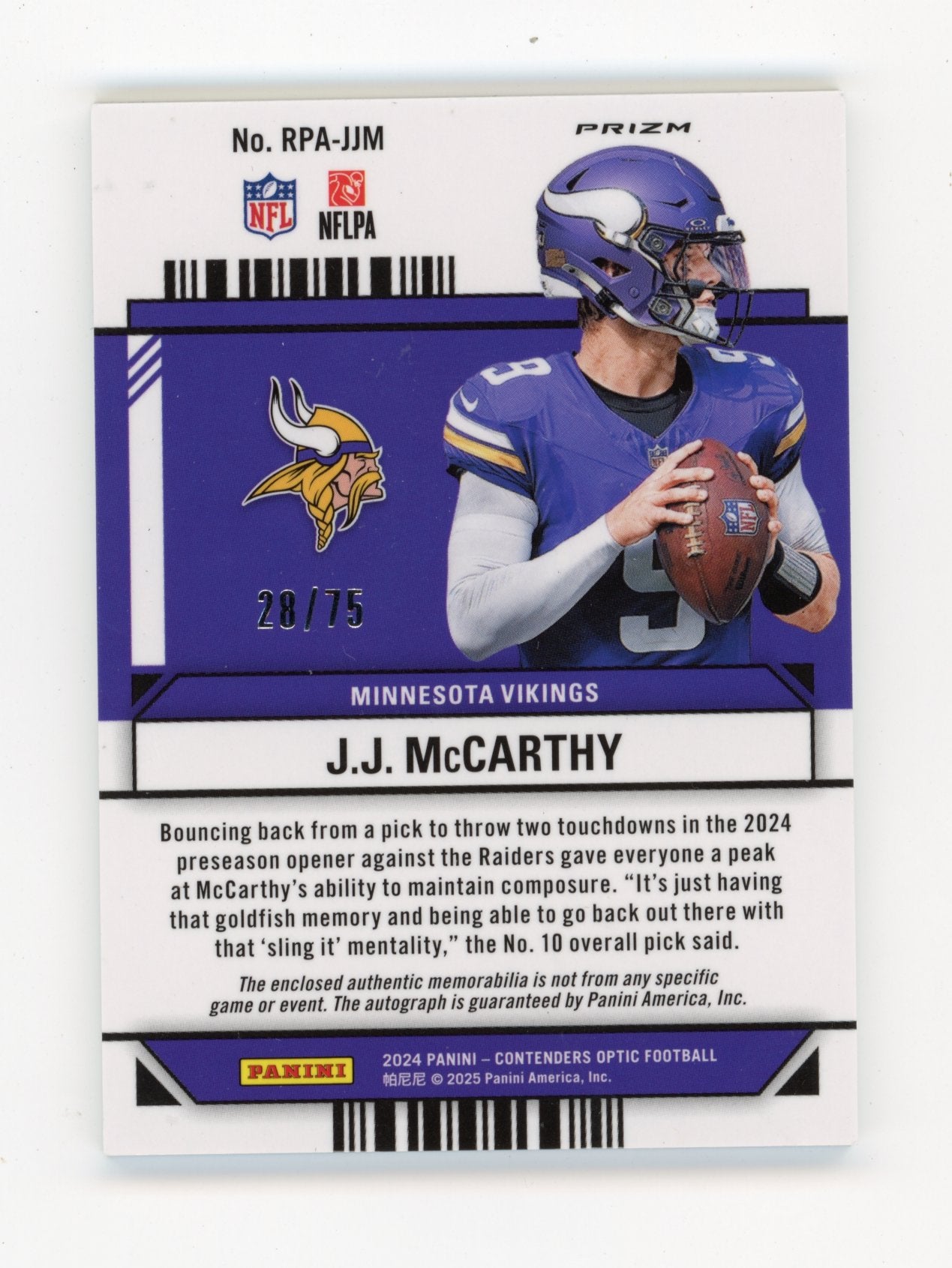 2024 Panini Contenders Optic J.J. McCarthy #RPA-JJM Rookie Patch Autographs #/75 Minnesota Vikings