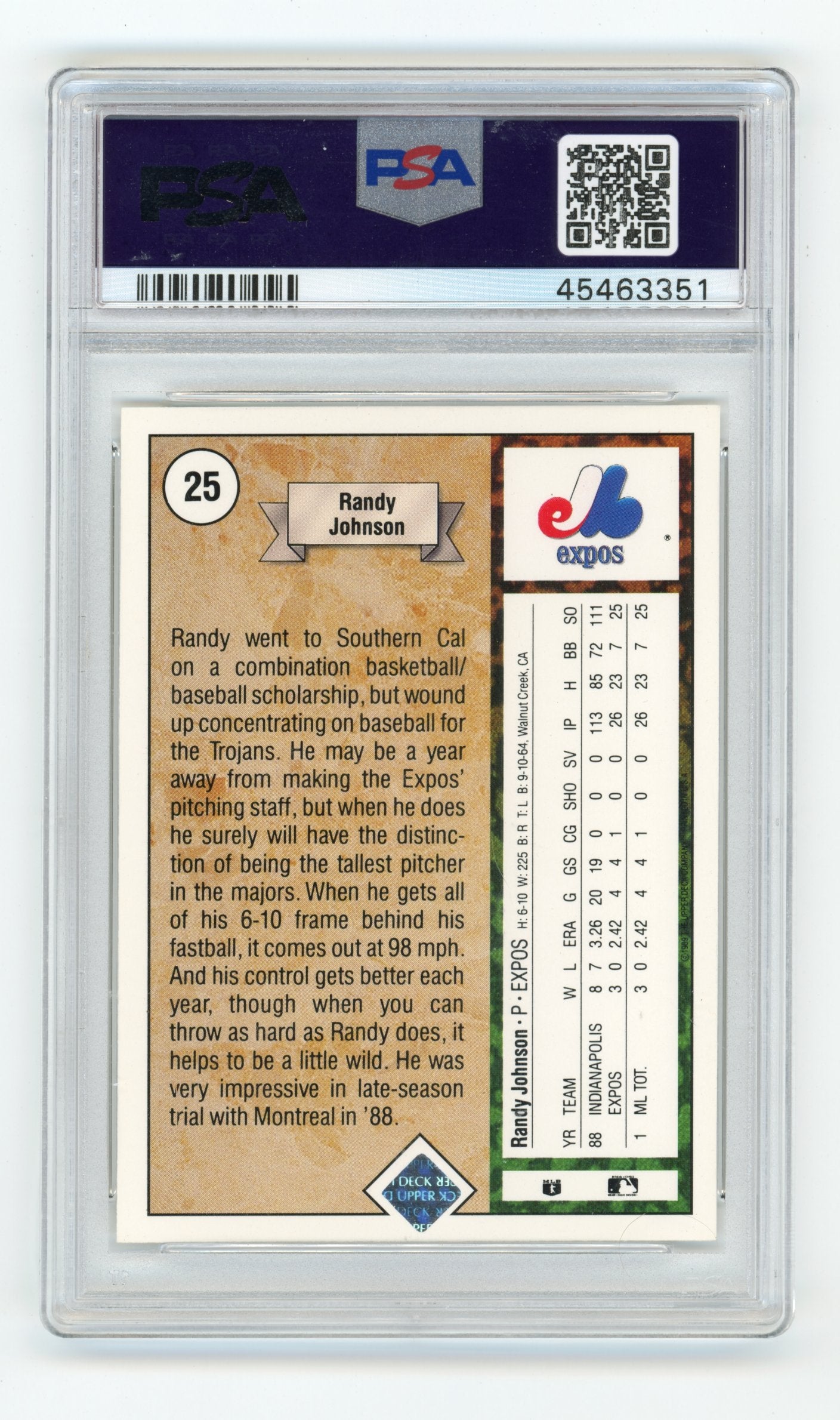 1989 Upper Deck Randy Johnson #25 Star Rookie PSA 9