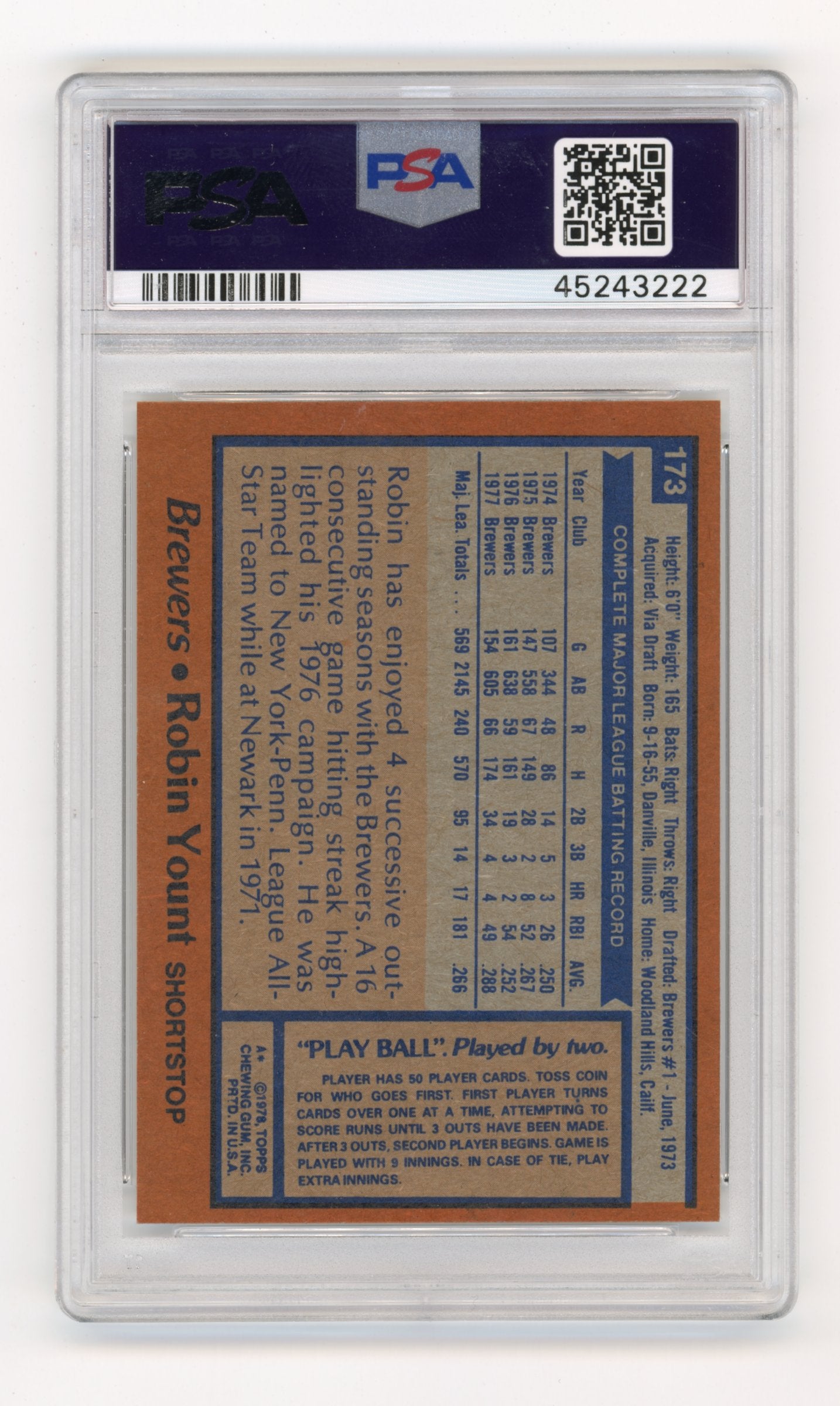 1978 Topps Robin Yount #173 PSA 9