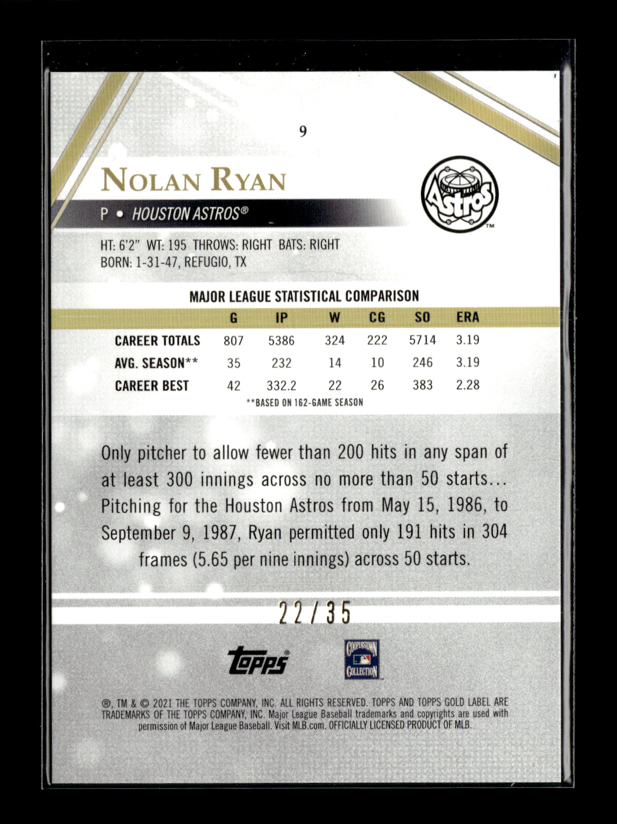 2021 Topps Gold Label Nolan Ryan #9 Class 3 Purple #/35 Houston Astros