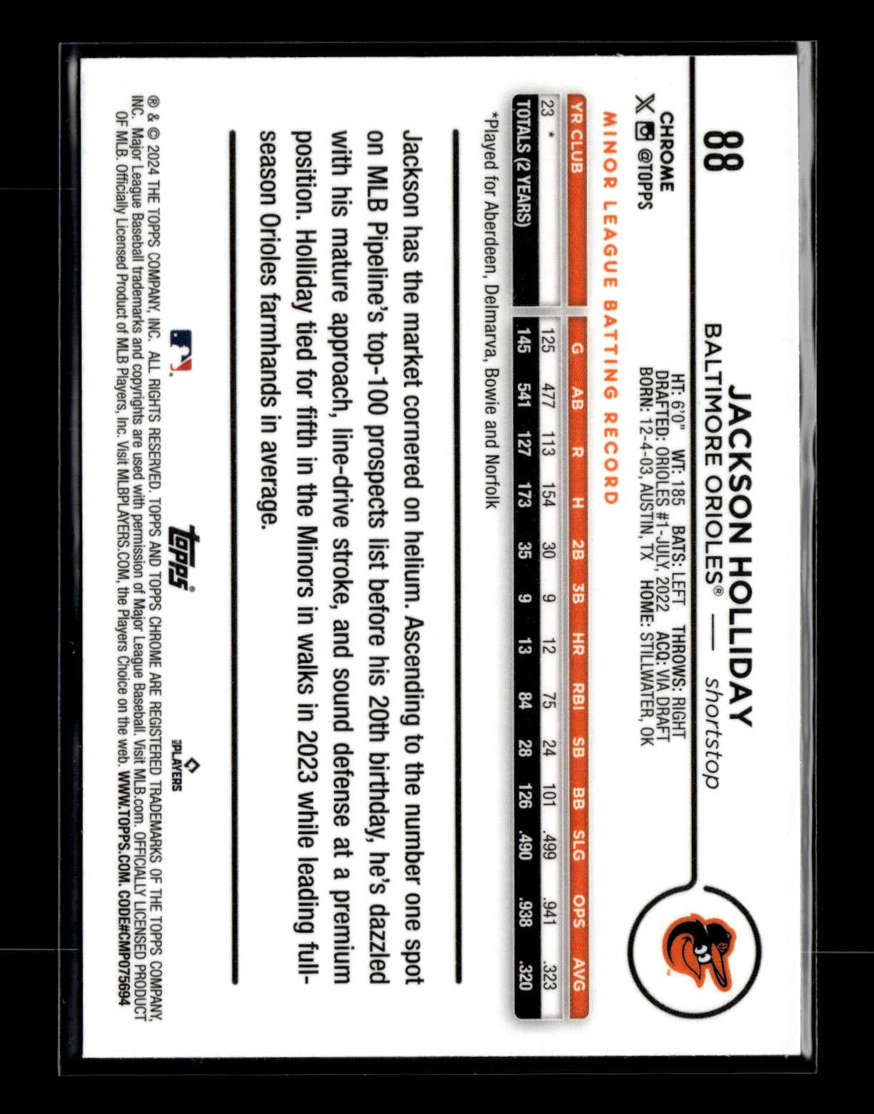 2024 Topps Chrome Jackson Holliday #88 Baltimore Orioles