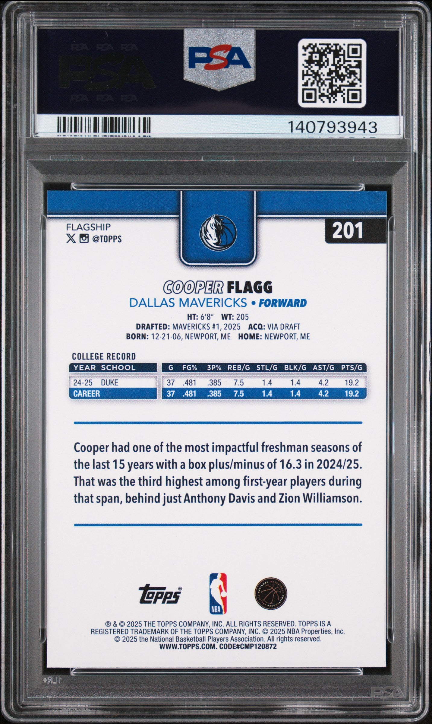 2025 Topps Cooper Flagg #201 PSA 10