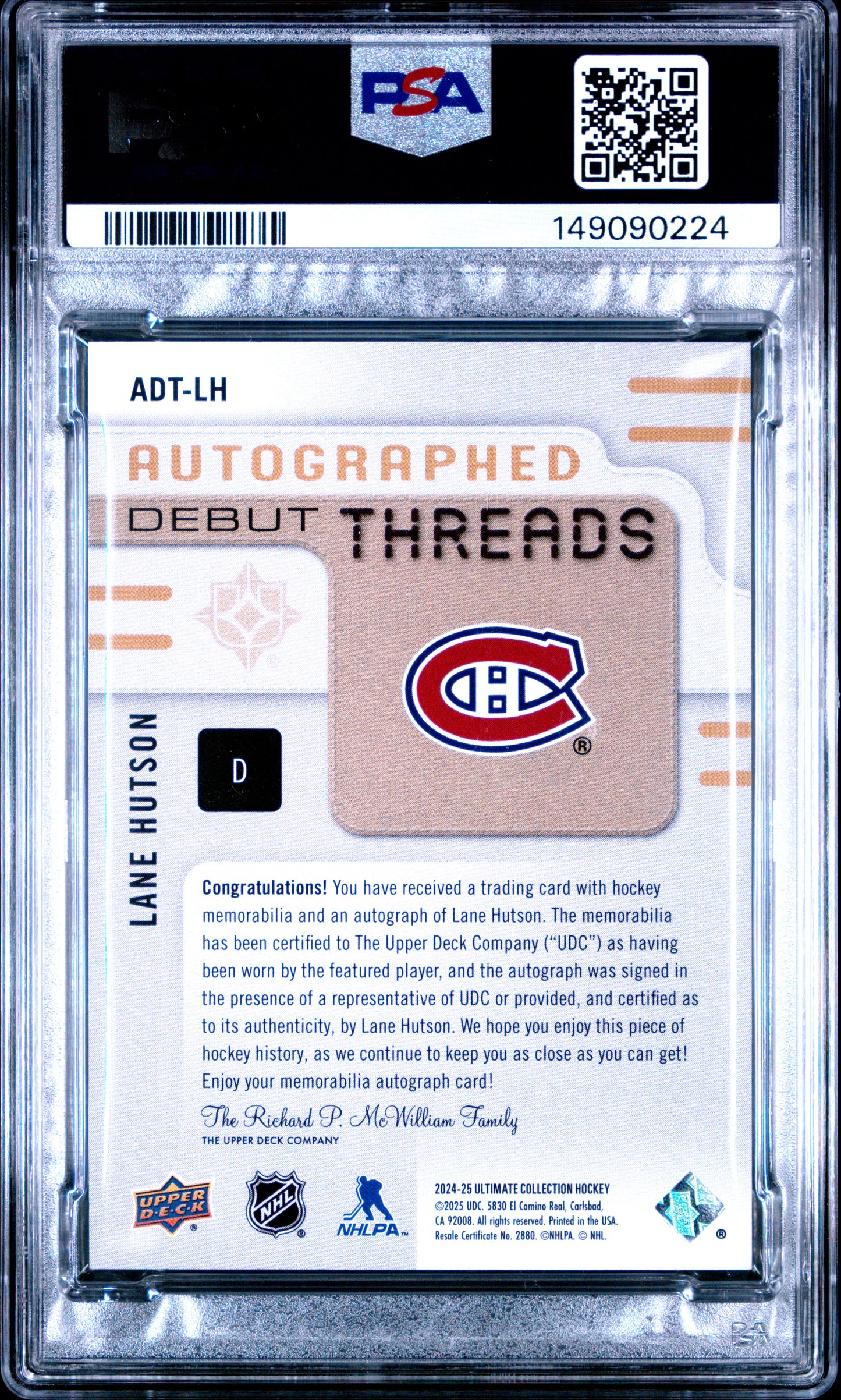2024 Upper Deck Ultimate Collection Autographed Debut Threads Lane Hutson #LH PSA 8 Montreal Canadiens