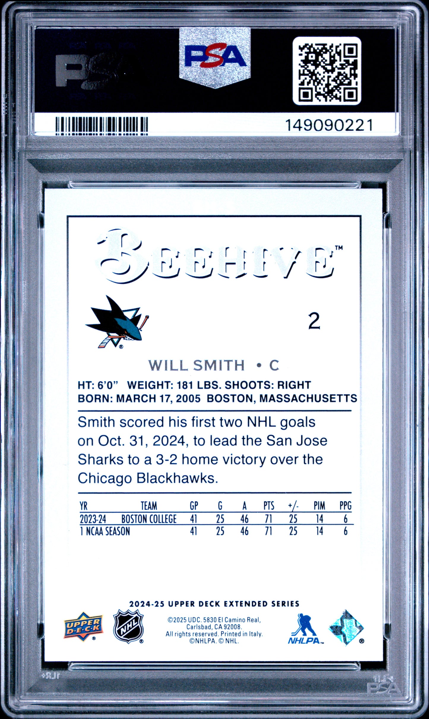 2024 Upper Deck Extended Series Beehive Will Smith #BH5 PSA 9 San Jose Sharks