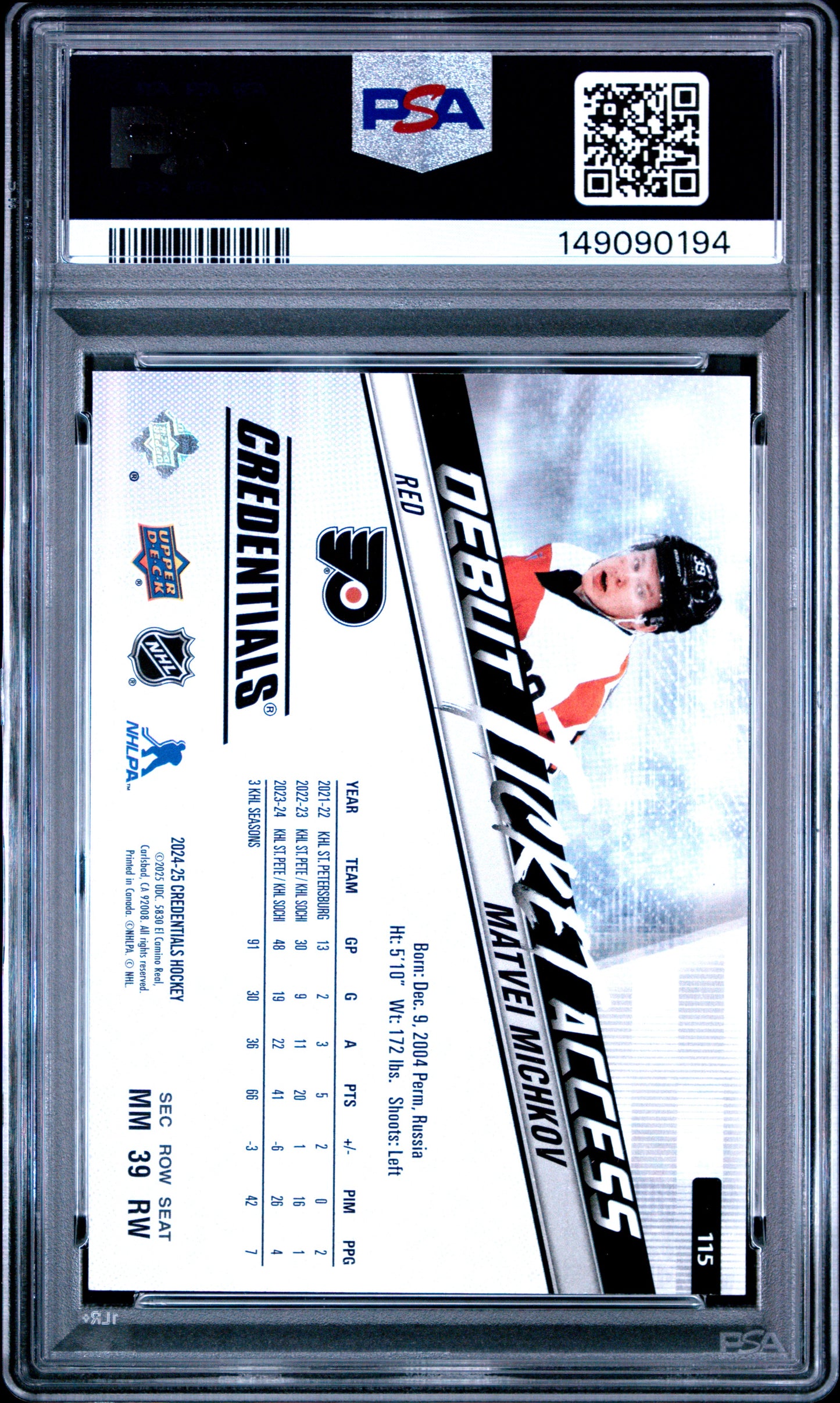 2024 Upper Deck Credentials Matvei Michkov #115 Variation-Red PSA 10 Philadelphia Flyers