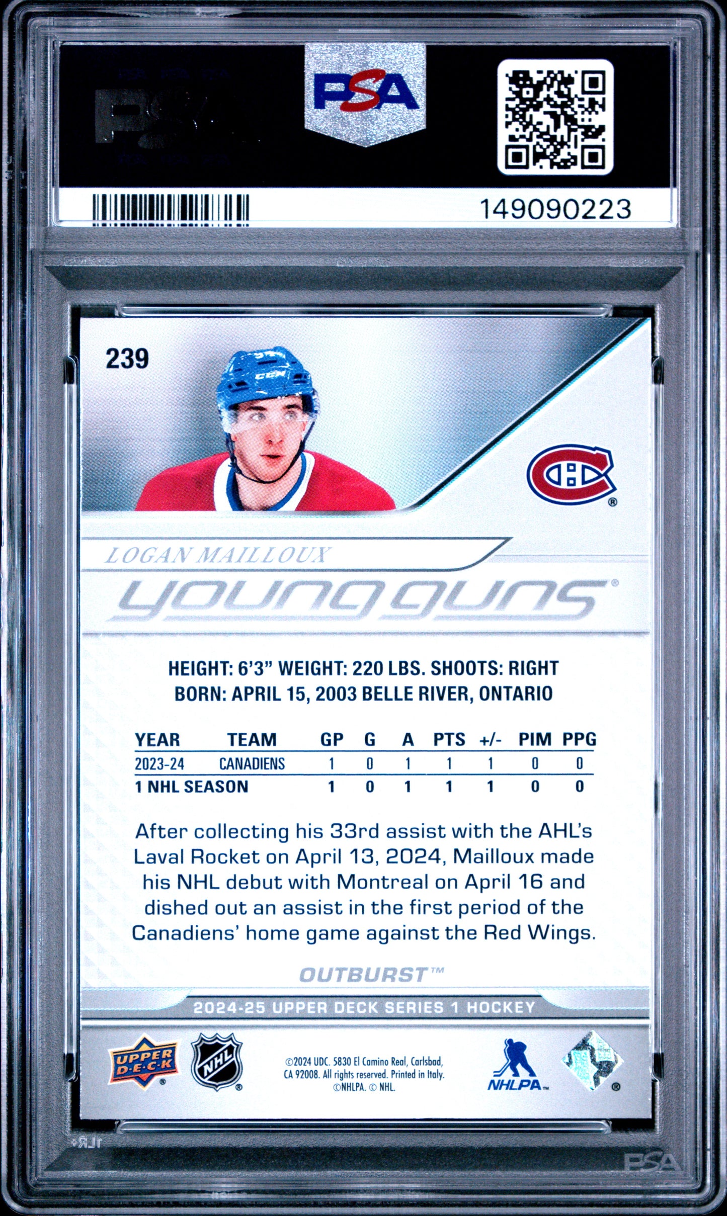 2024 Upper Deck Logan Mailloux #239 Outburst PSA 6 Montreal Canadiens