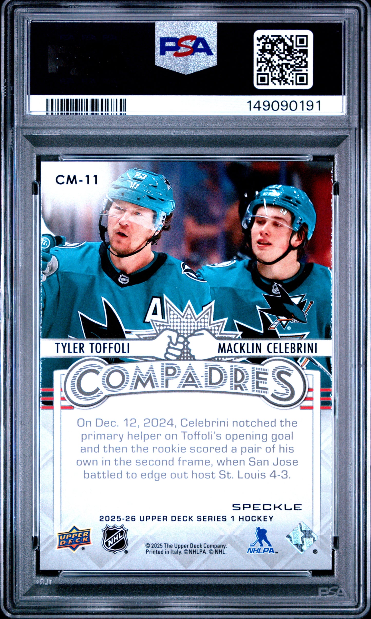 2025 Upper Deck Compadres Toffoli/Celebrini #CM-11 Compadres-Speckle PSA 9 San Jose Sharks