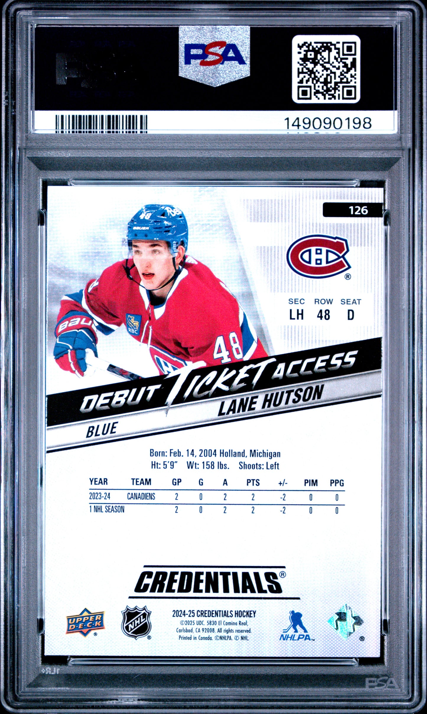 2024 Upper Deck Credentials Lane Hutson #126 Blue PSA 9 Montreal Canadiens