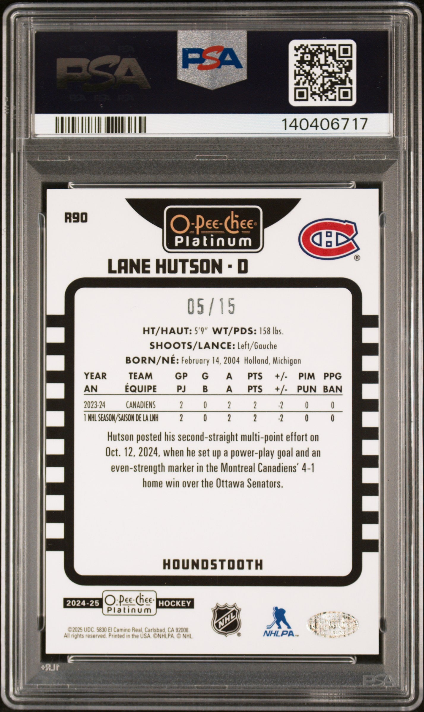 2024 Upper Deck O-Pee-Chee Platinum Retro Lane Hutson #R90 Retro-Houndstooth PSA 8.5 Montreal Canadiens
