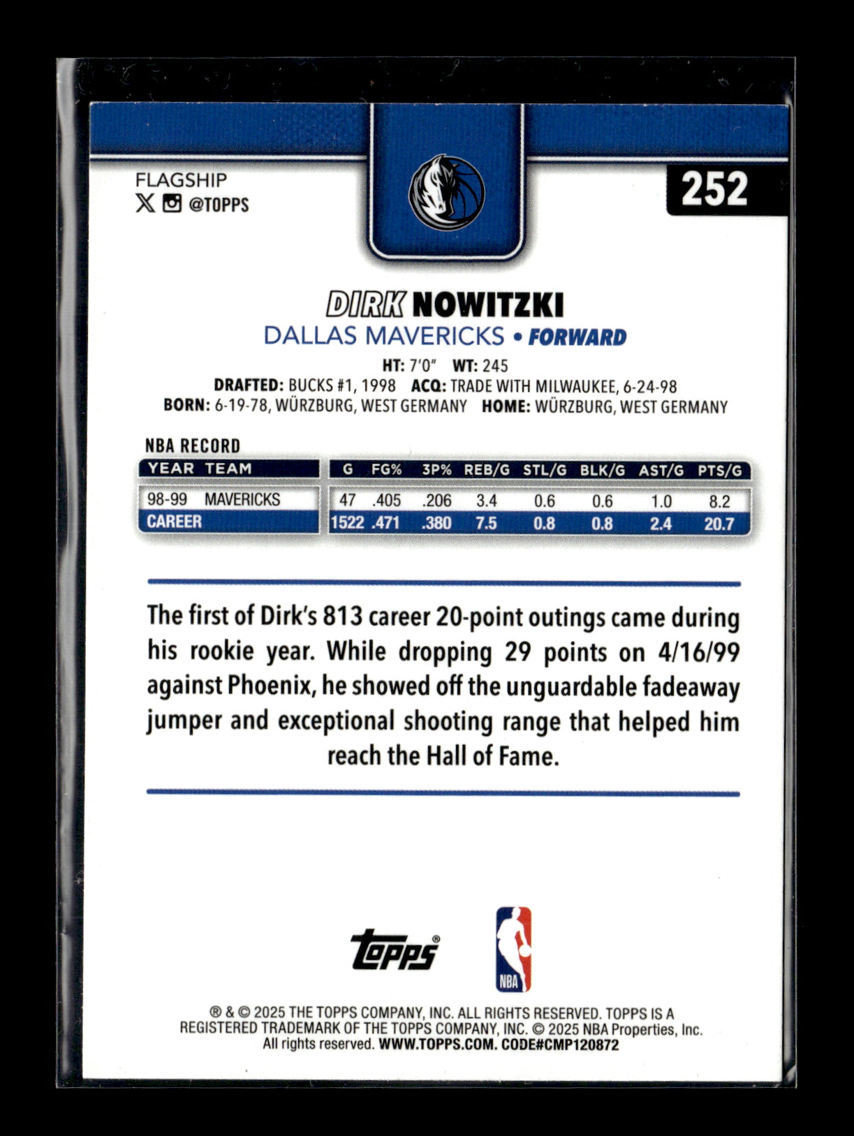 2025-26 Topps Dirk Nowitzki #252 Holo Foil Retail version driving to hoop vs Grizzlies Dallas Mavericks