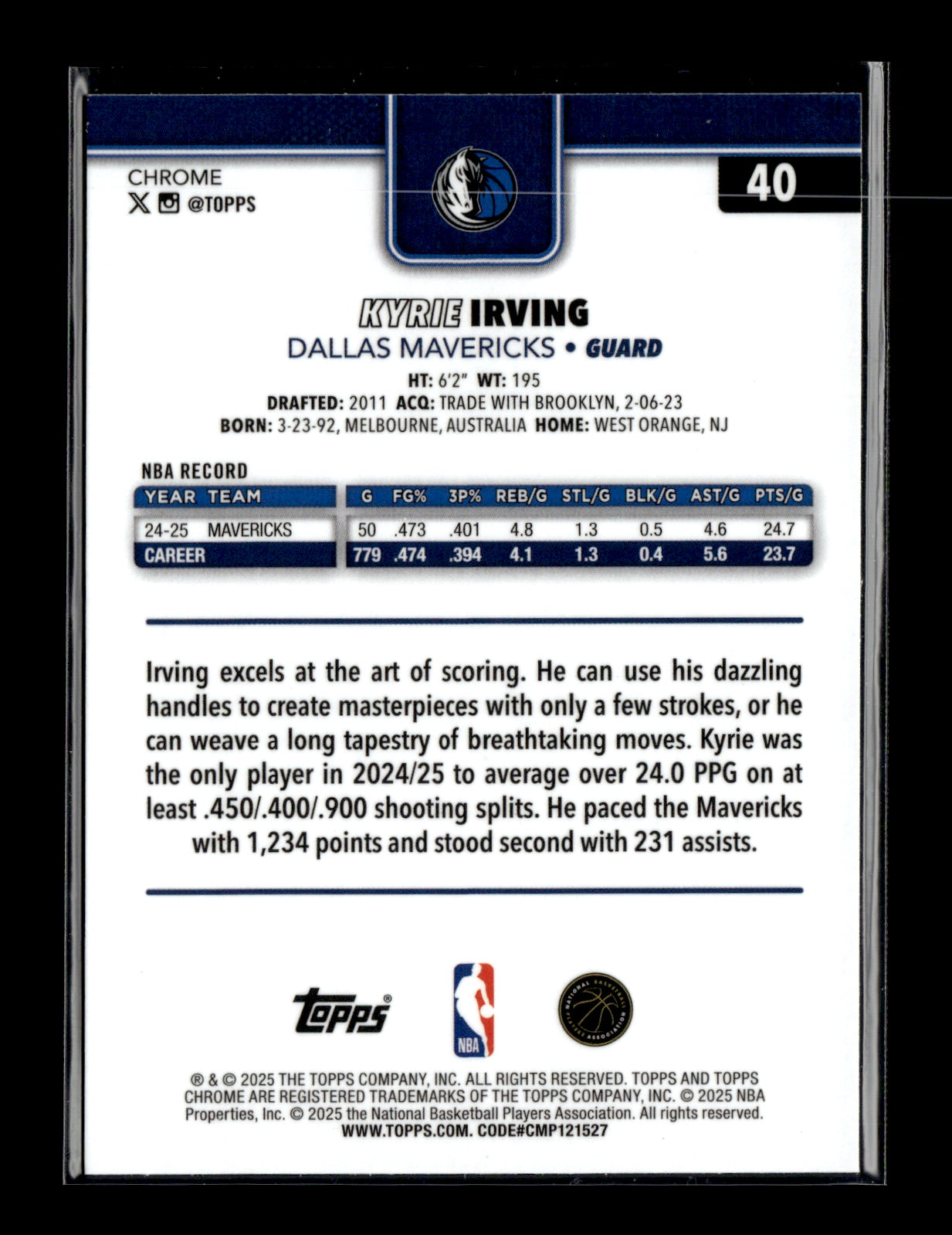 2025-26 Topps Chrome Kyrie Irving #40 X-Fractor Dallas Mavericks