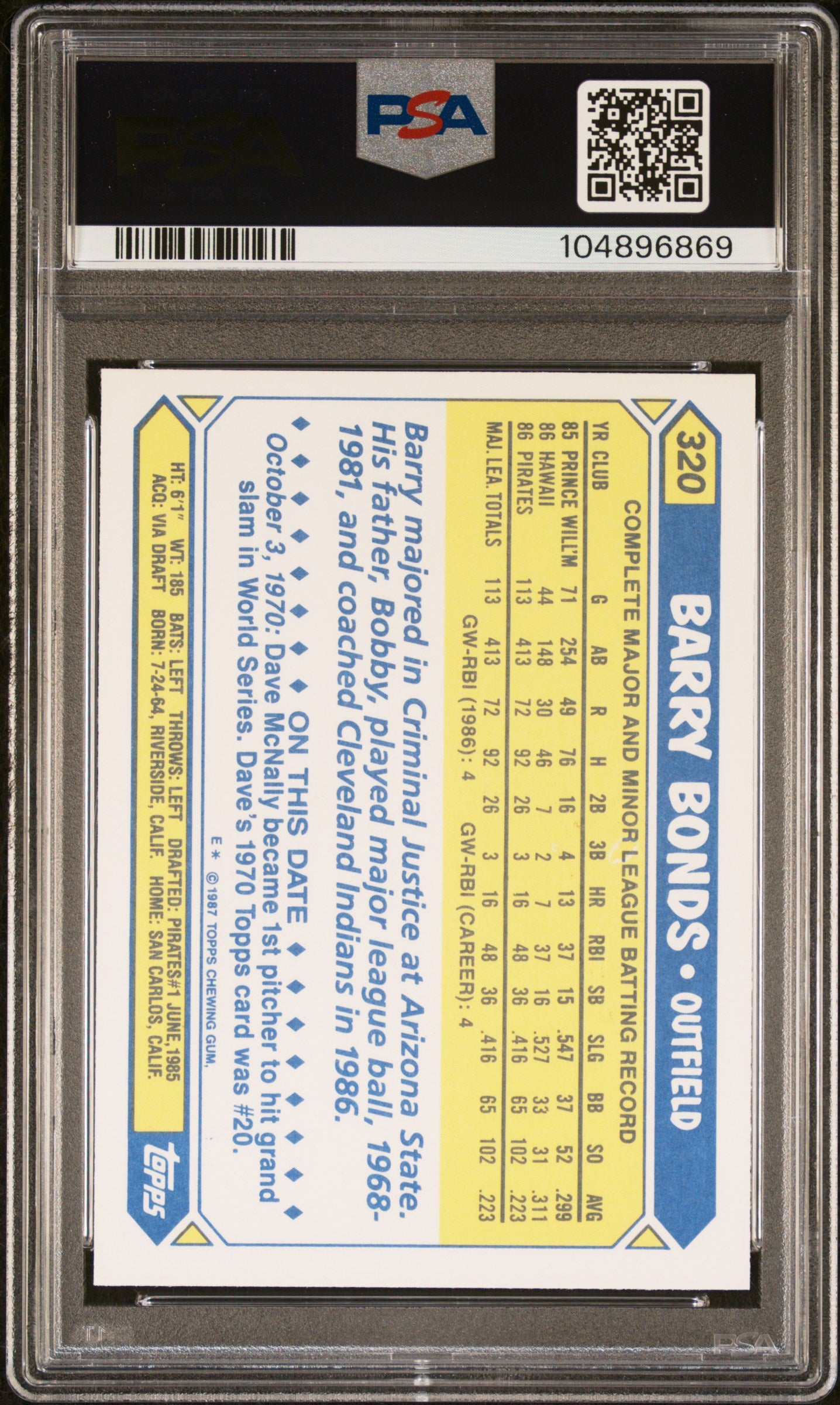 1987 Topps Tiffany Barry Bonds #320 PSA 10 Pirates