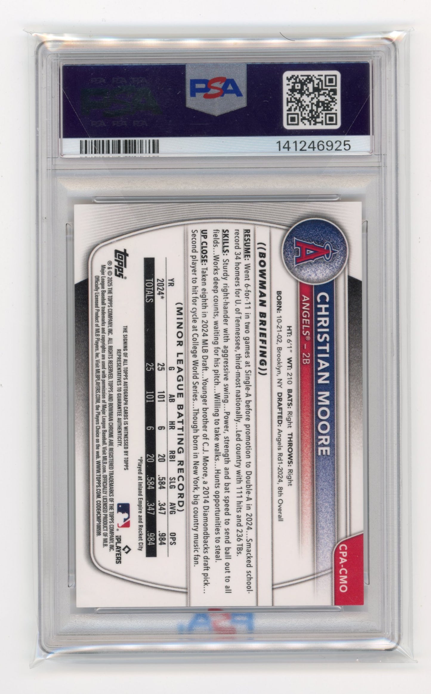 2025 Bowman Christian Moore #CPA-CMO Chrome Prospect Autographs Gumball Refractor #/5 Los Angeles Angels