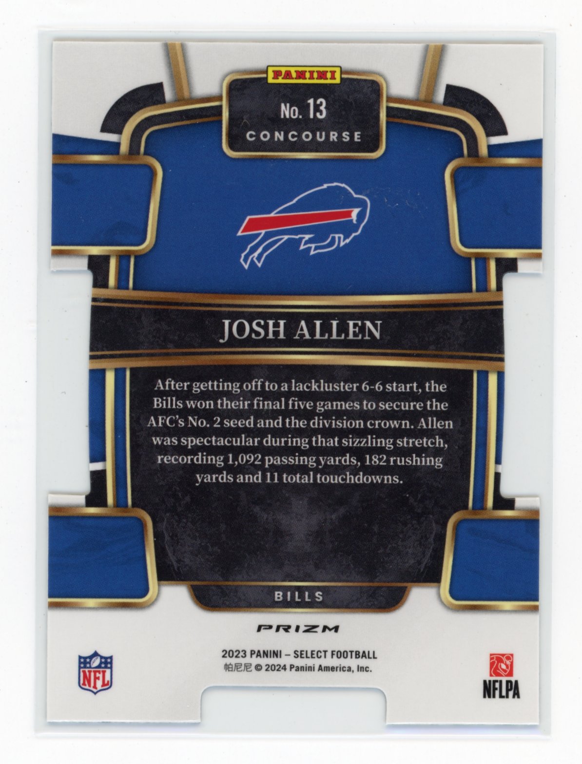 2023 Panini Select Josh Allen #13 Zebra Prizms Die Cuts Buffalo Bills