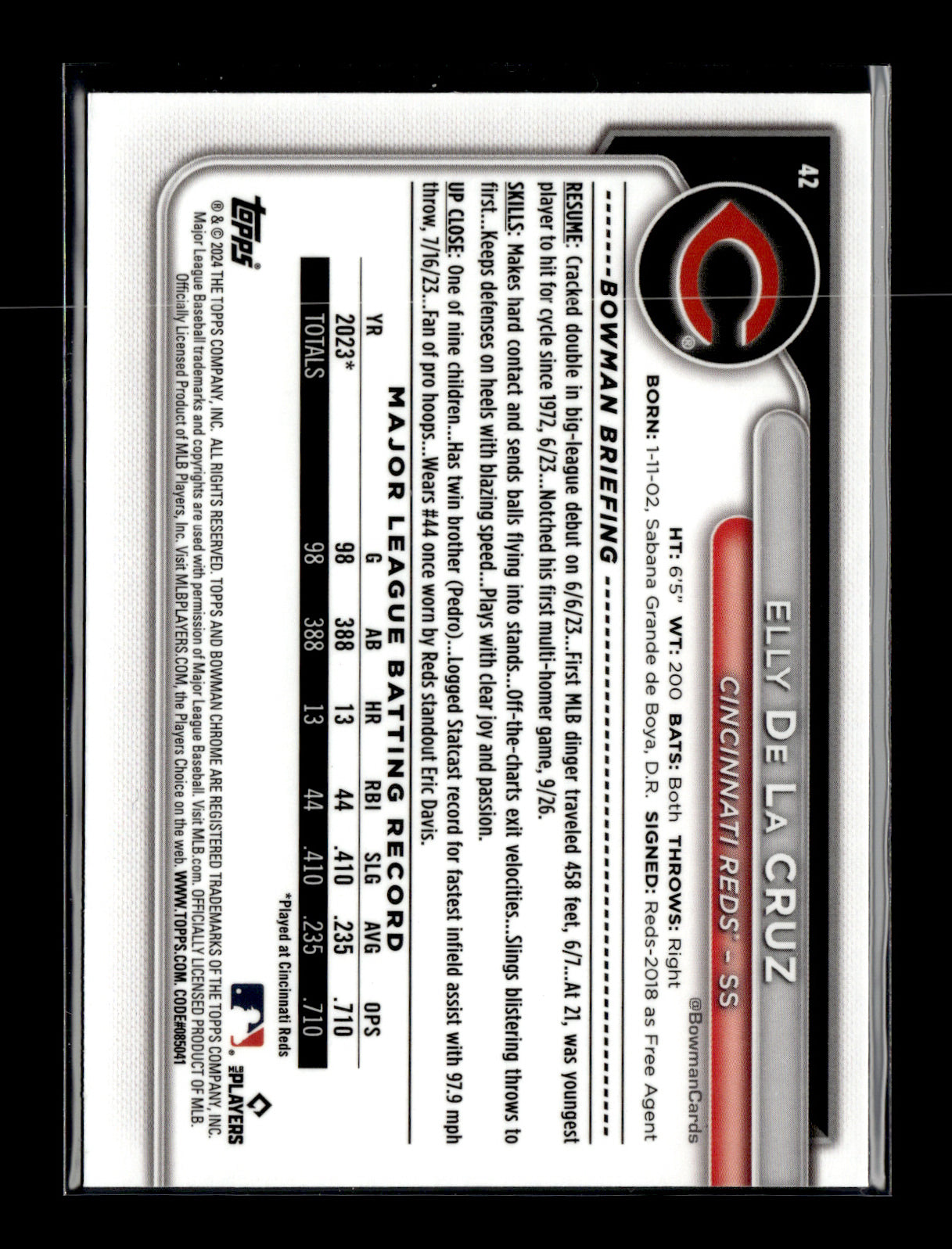 2024 Bowman Chrome Elly De La Cruz #42 Cincinnati Reds
