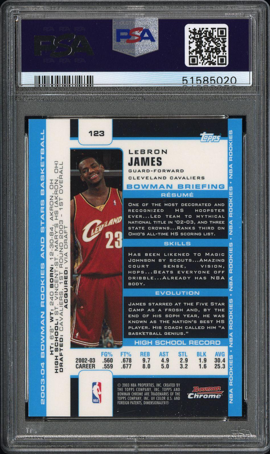 2003 Bowman Rookies & Stars Lebron James #123 Chrome PSA 8 Cleveland Cavaliers