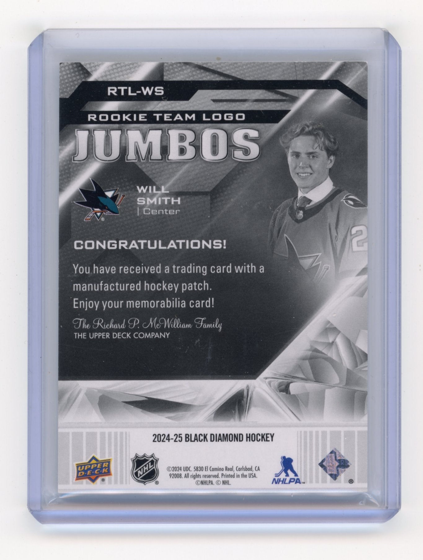 2024-25 Upper Deck Black Diamond Will Smith #RTL-WS Team Logo Jumbo Rookies San Jose Sharks