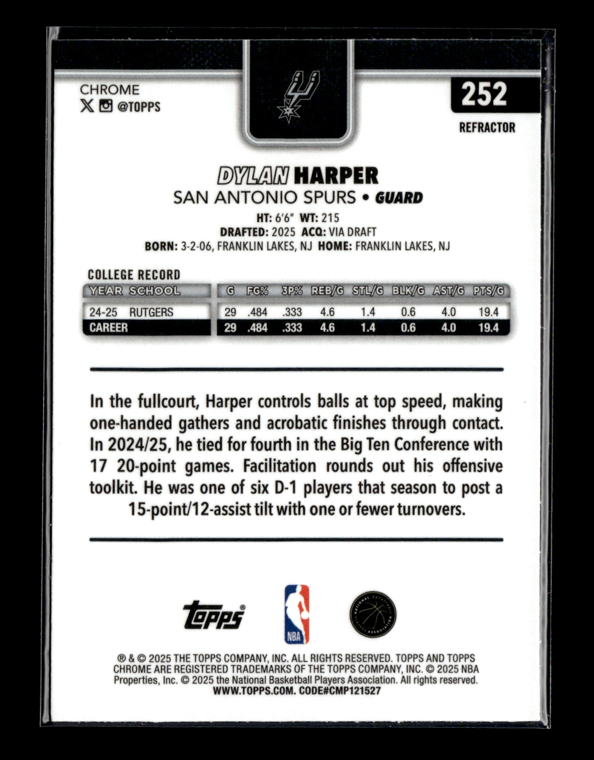 2025-26 Topps Chrome Dylan Harper #252 Refractor San Antonio Spurs