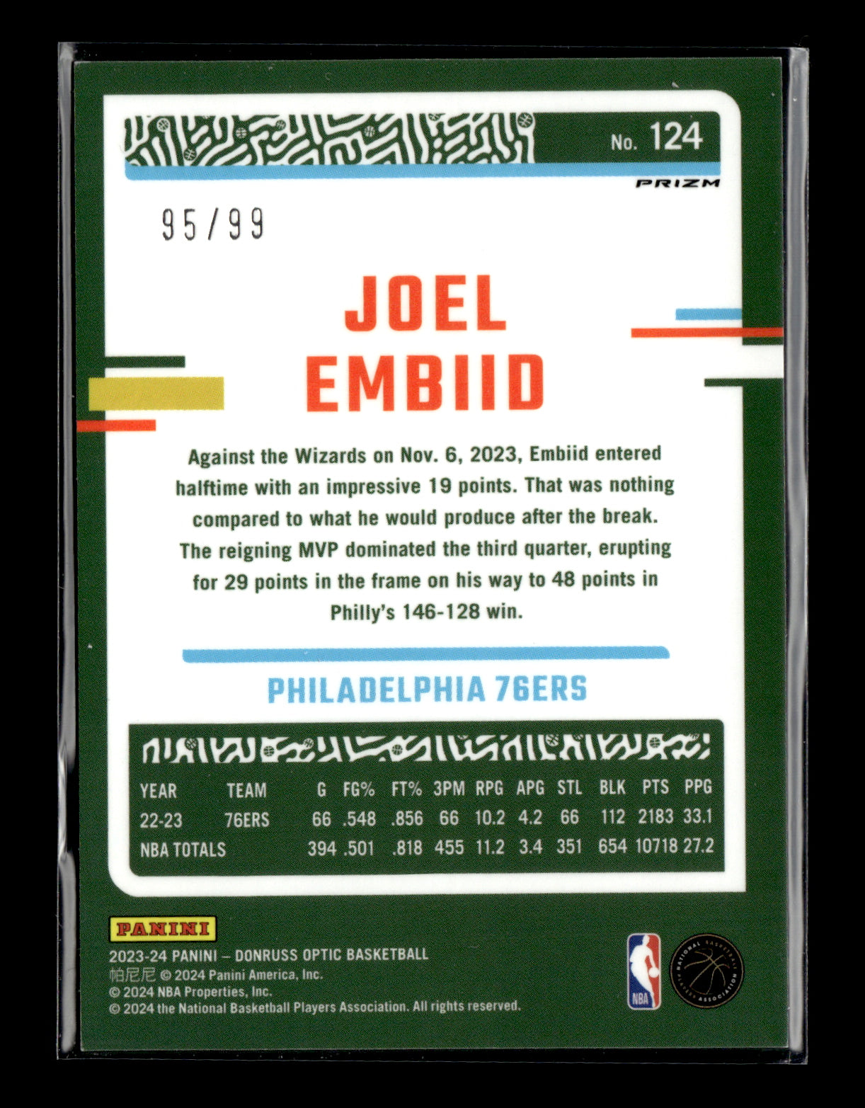 2023-24 Donruss Optic Joel Embiid #124 Hyper Orange #/99 Philadelphia 76ers