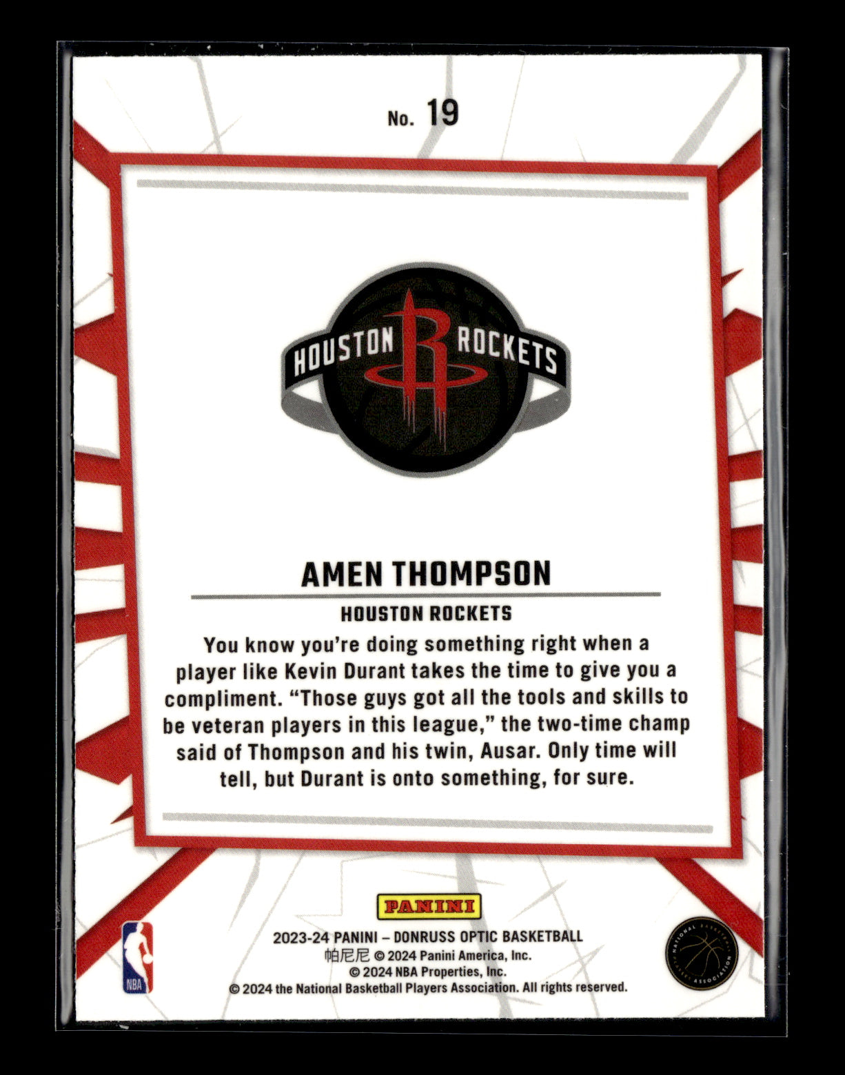 2023-24 Donruss Optic Amen Thompson #19 My House Houston Rockets