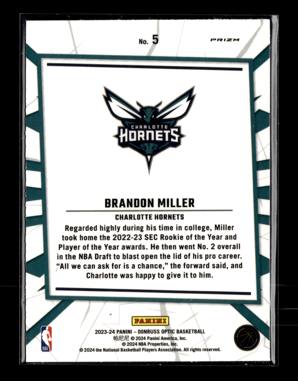 2023-24 Donruss Optic Brandon Miller #5 My House Holo Charlotte Hornets
