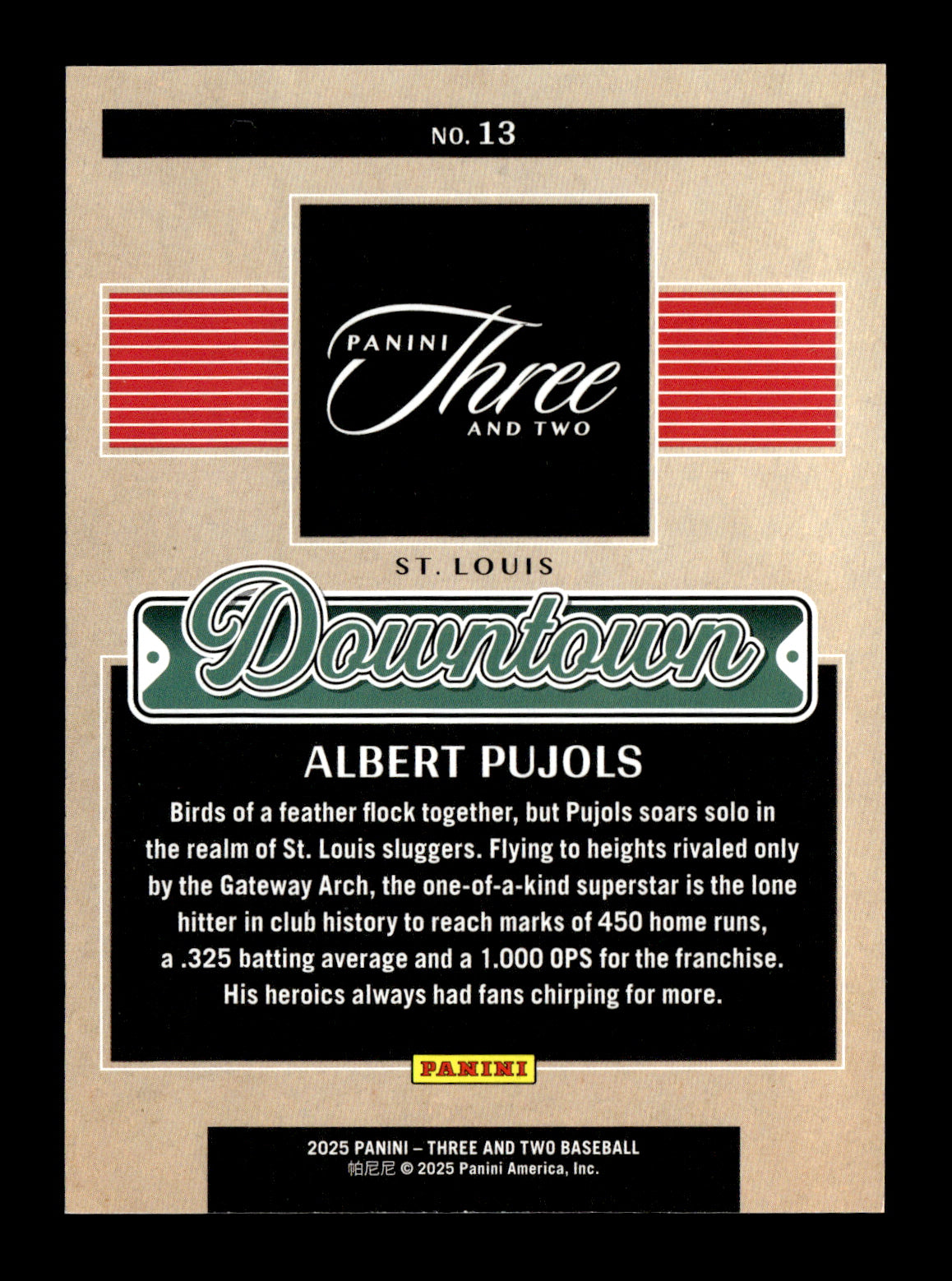 2025 Panini Three and Two Albert Pujols #13 Downtown St. Louis Cardinals