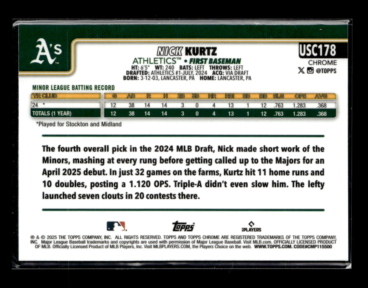 2025 Topps Chrome Update Nick Kurtz #USC178 ToppsFractors Athletics
