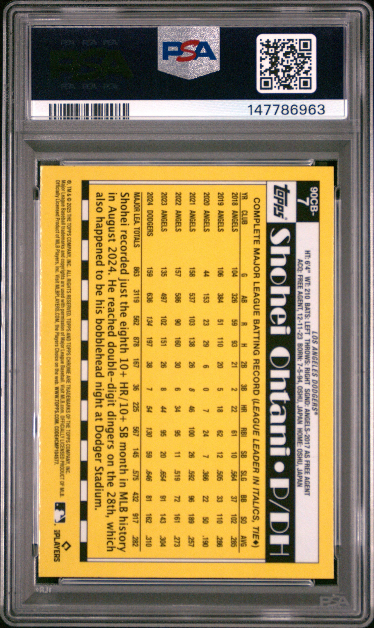 2025 Topps Chrome Shohei Ohtani #90CB-7 1990 Topps Baseball 35th Anniversary PSA 10 Los Angeles Dodgers