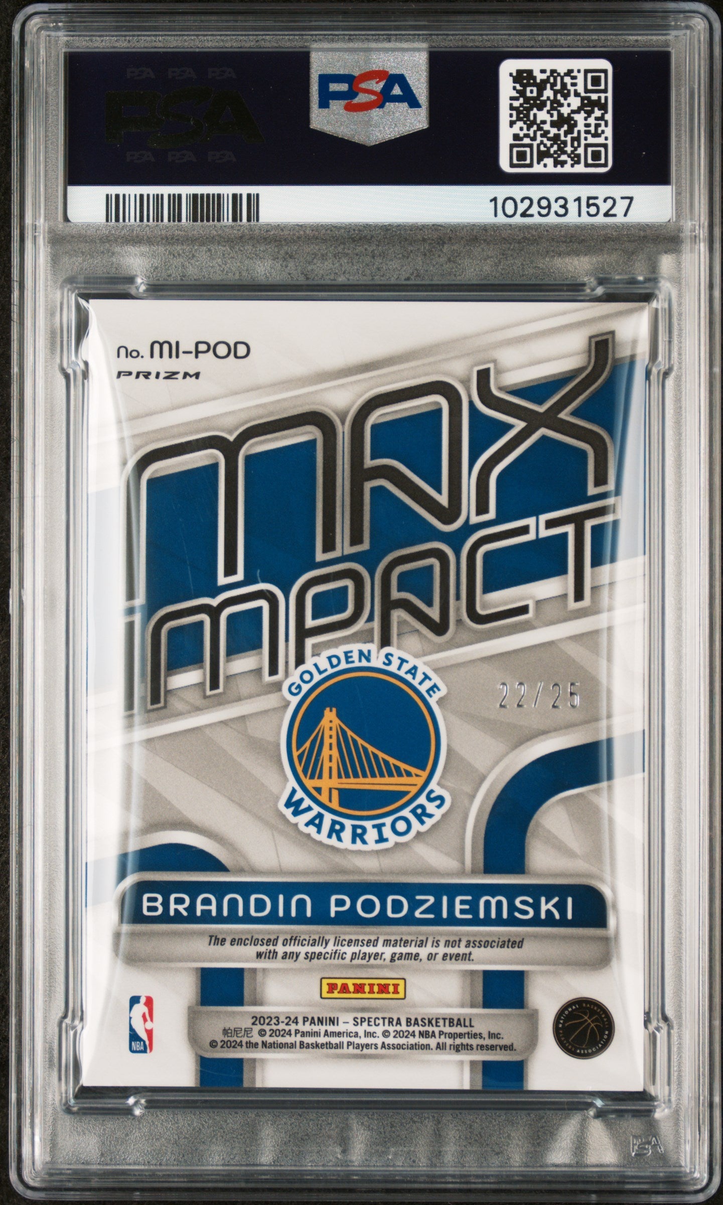 2023-24 Panini Spectra Brandin Podziemski #MI-POD Max Impact Meta #/25 PSA 9 Golden State Warriors